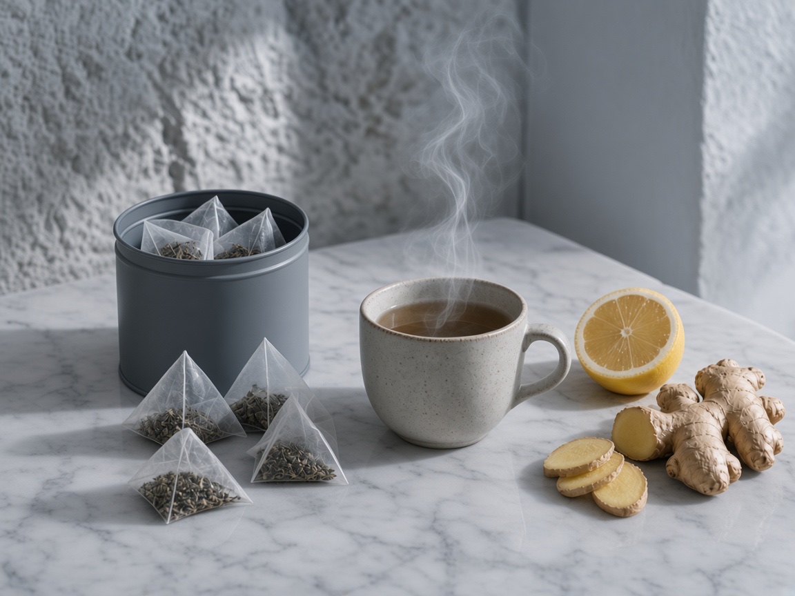 Citromos-gyömbéres tea egy gőzölgő csésze mellett