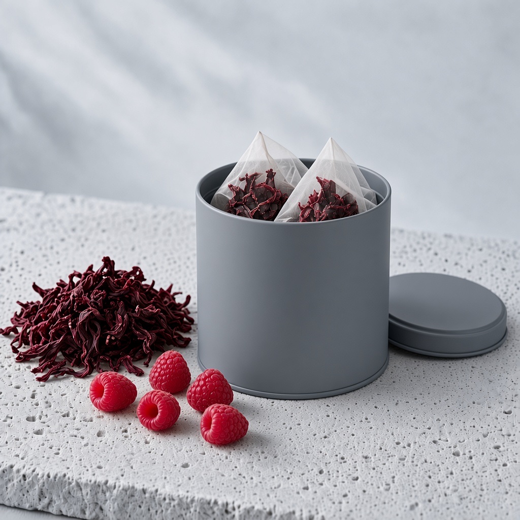 Nyitott doboz málnás és hibiszkuszos teakeverékkel