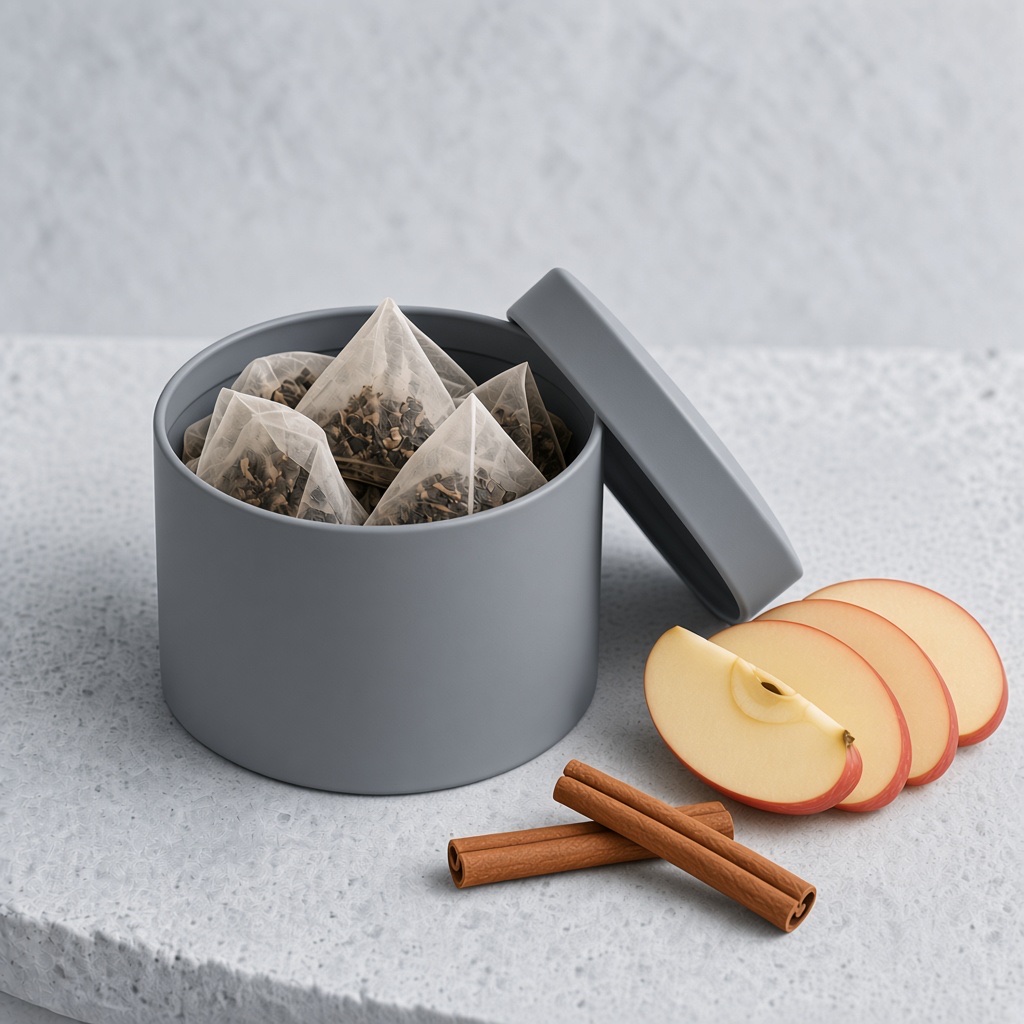 Nyitott doboz almás és fahéjas teakeverékkel